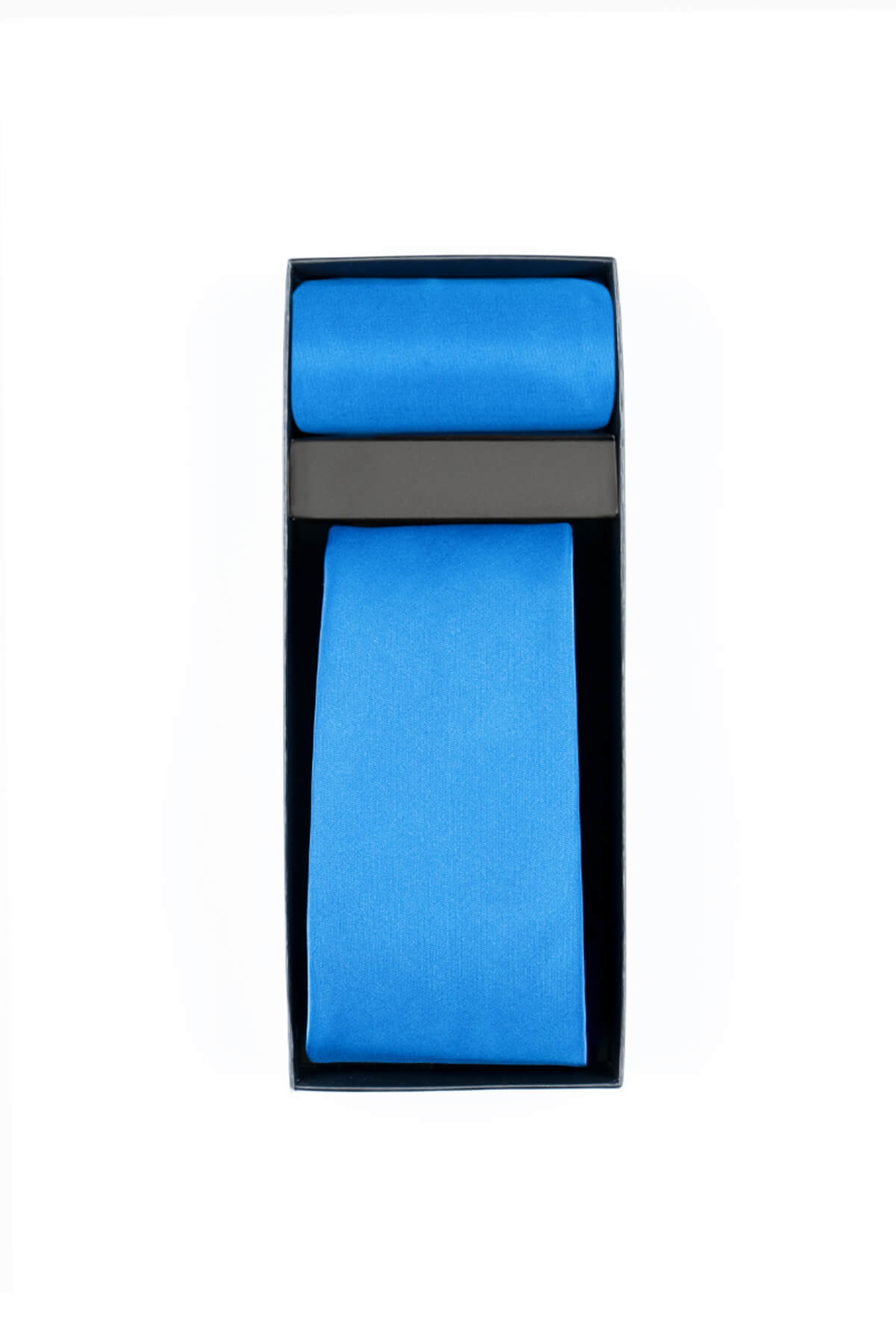 Bright blue satin tie neatly folded in a black gift box.