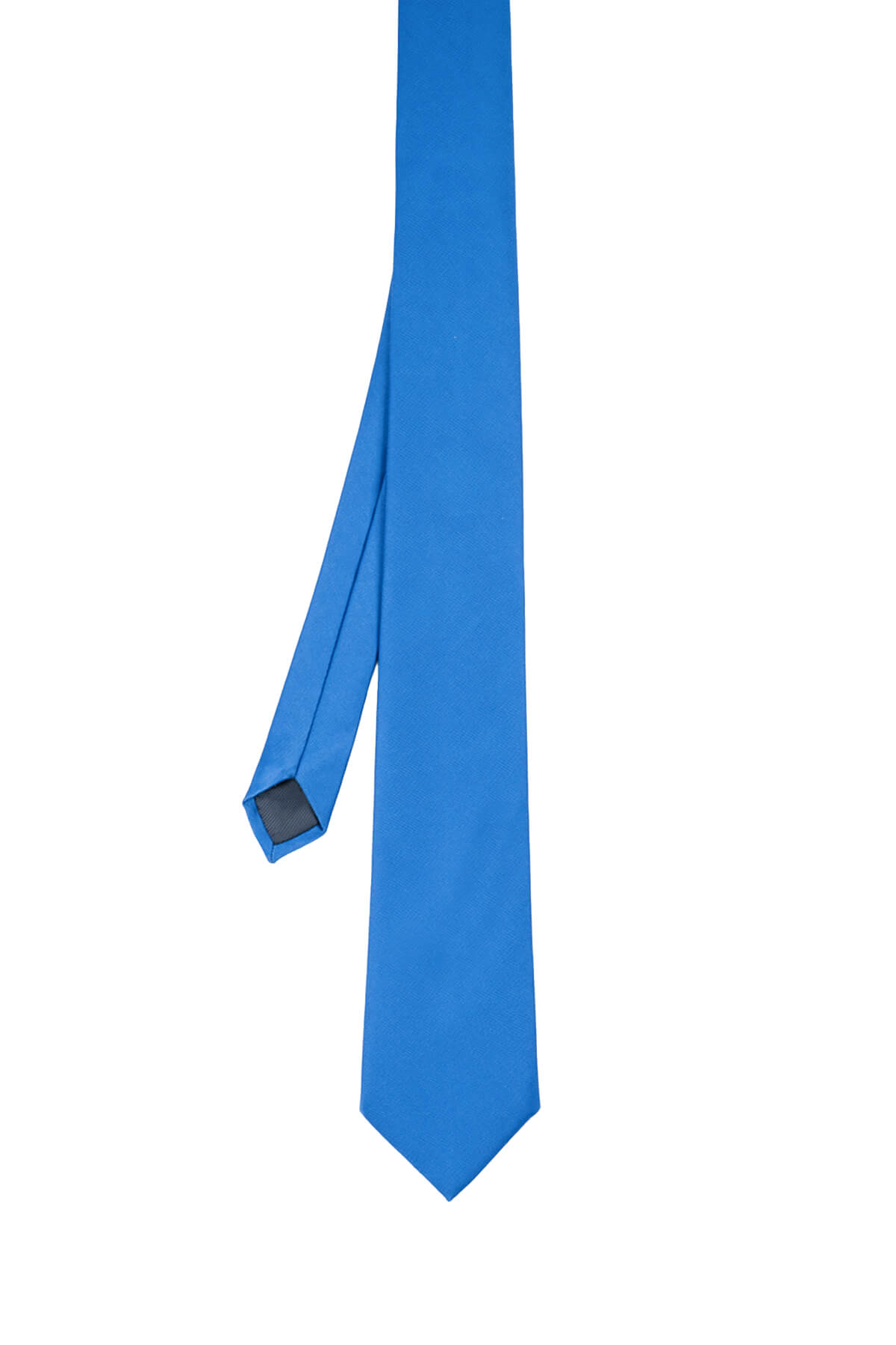 A solid blue silk tie with a sleek, minimalist design and a subtle sheen.