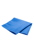 A vibrant blue microfiber cleaning cloth, neatly folded with visible stitched edges.