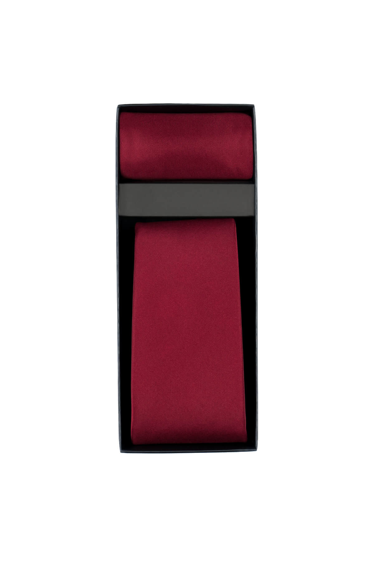 A rich burgundy silk tie neatly folded and presented in a sleek black gift box.