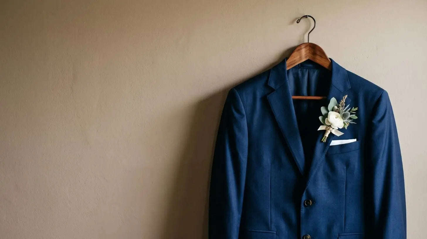 Navy wedding suit hanging on a wooden hanger in soft window daylight against a taupe wall