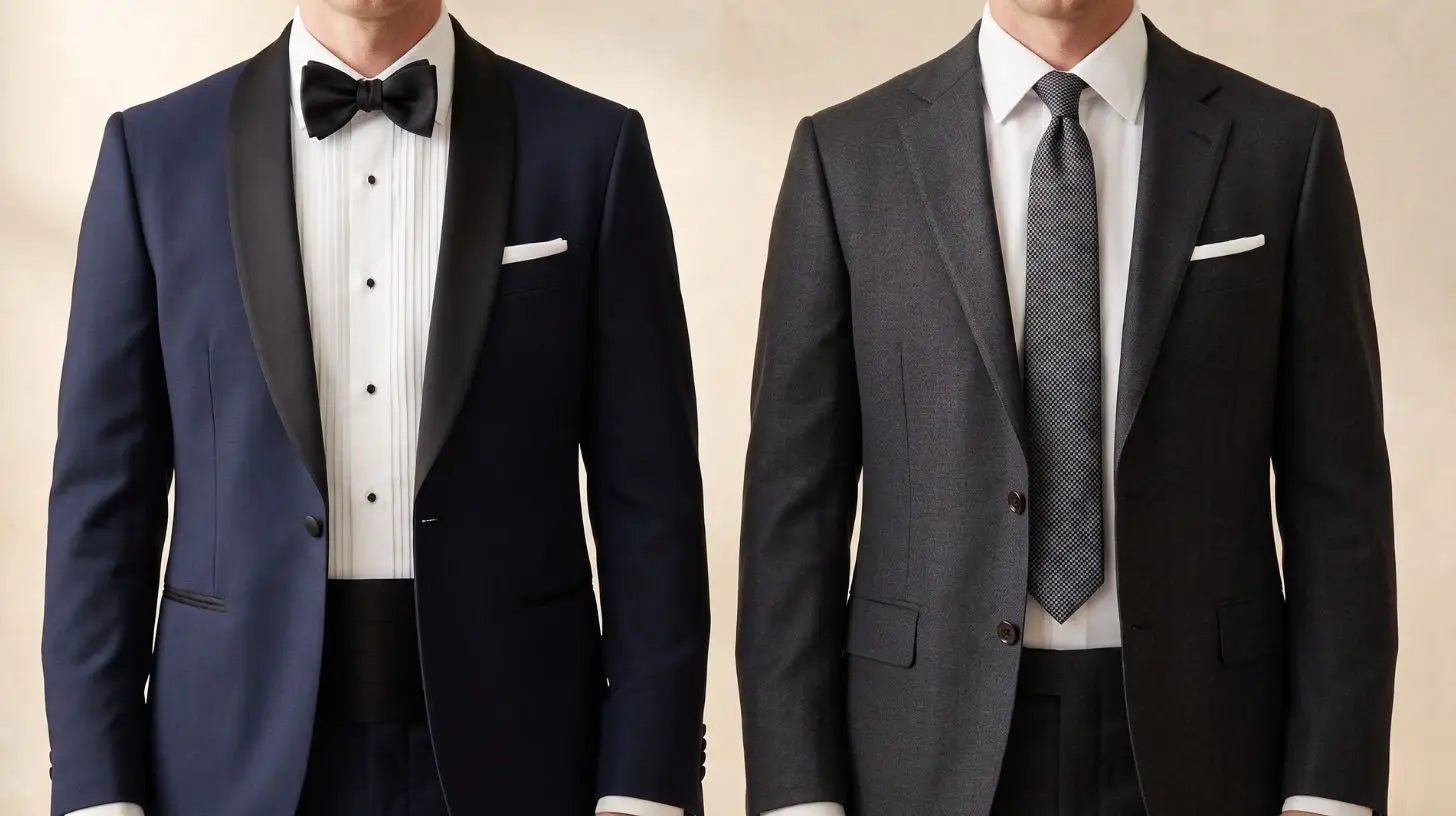 Groom in a fitted midnight blue tuxedo with shawl lapel standing beside a groomsman in a charcoal suit, collarbone-to-waist crop, no faces, warm editorial lighting