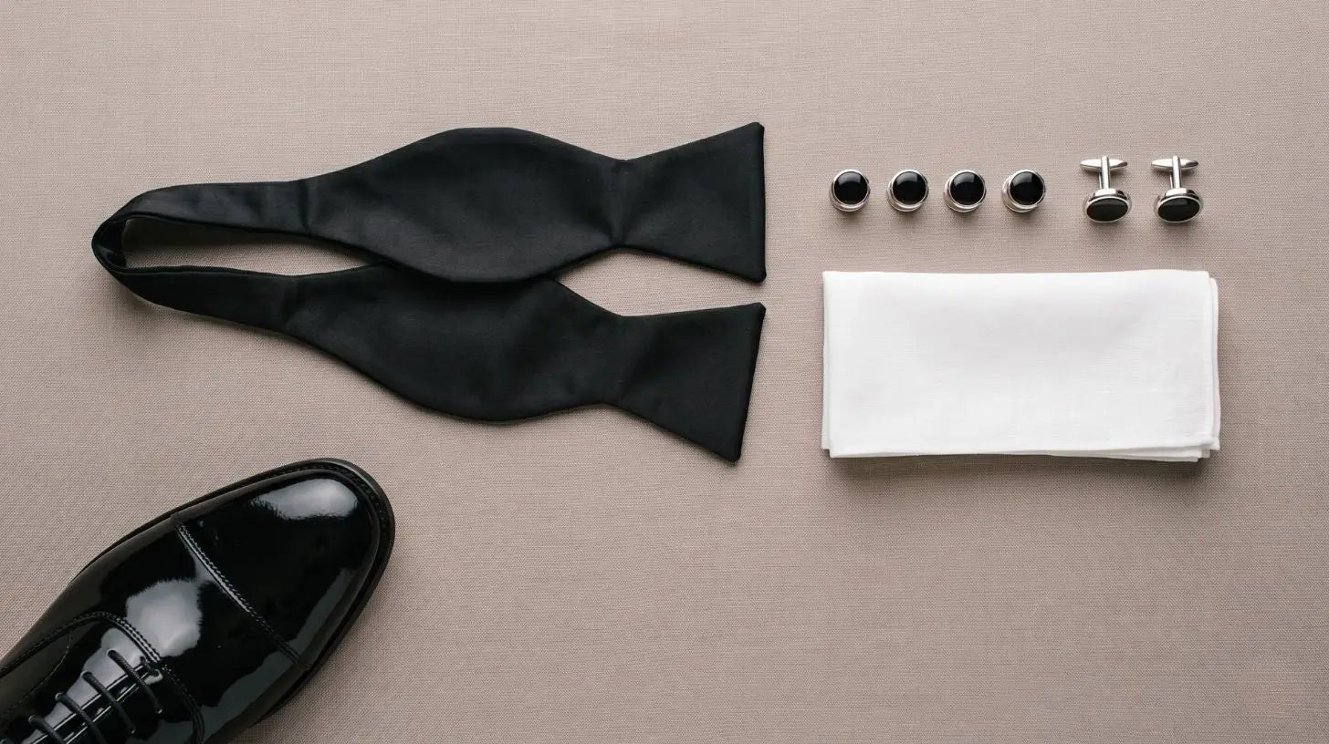 Flat-lay of black-tie tuxedo accessories: onyx shirt studs, silver cufflinks, a black satin self-tie bow tie, and a folded white pocket square on a soft taupe surface