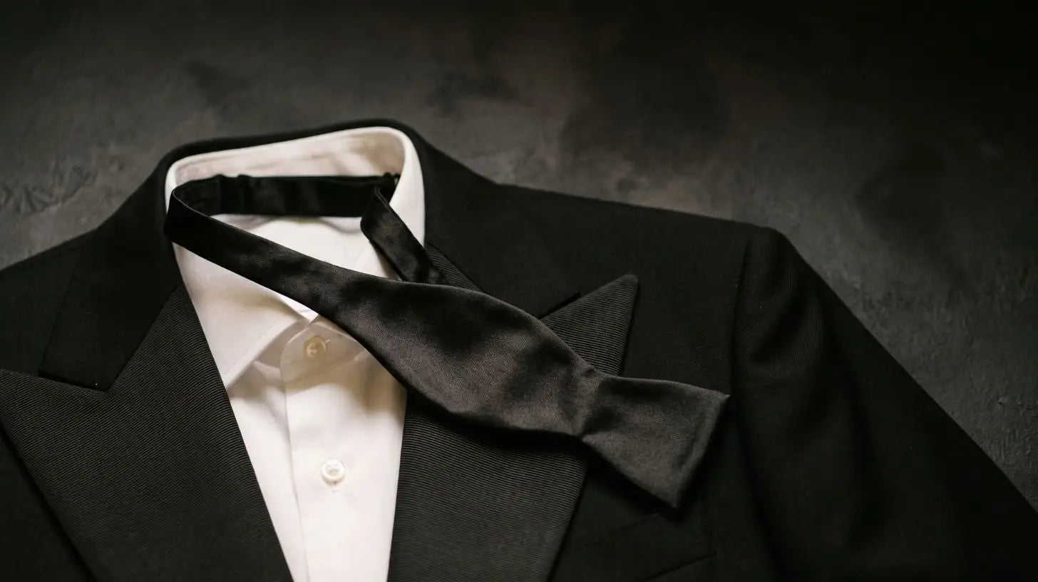 Close detail of a black satin self-tie bow tie resting against a black peak-lapel tuxedo with grosgrain facing, shown from the collarbone down with no face
