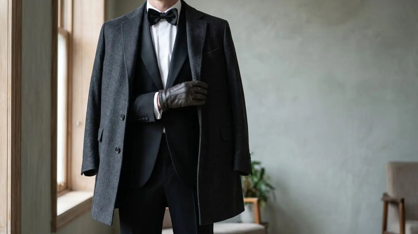 Charcoal single-breasted wool overcoat layered open over a black tuxedo with satin lapels, shown from the shoulders to the hem with no face, against a window-lit interior