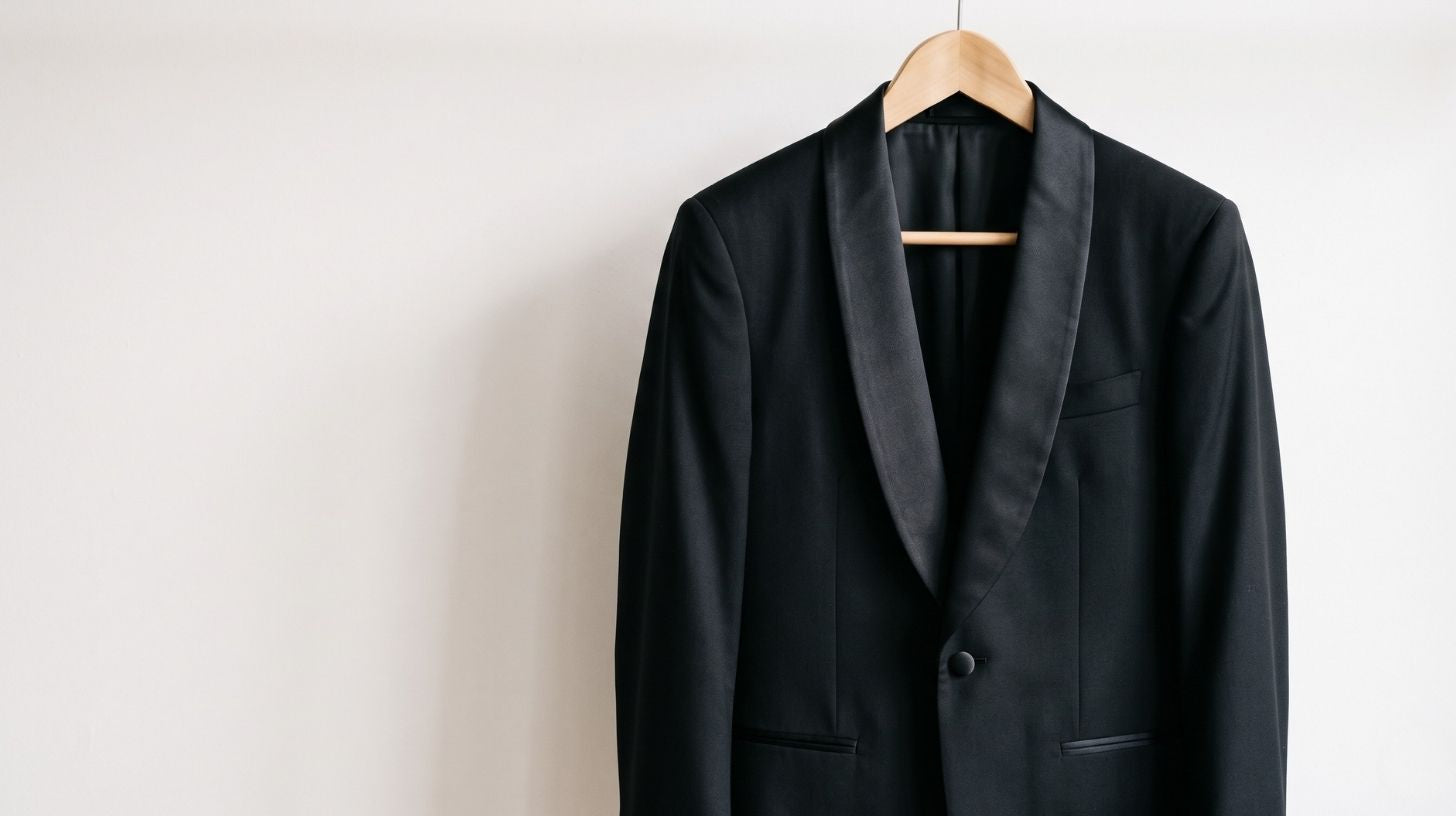 Black shawl-collar tuxedo jacket on a wooden hanger, with a satin shawl lapel, single satin-covered button, and jetted pockets against a plain off-white wall