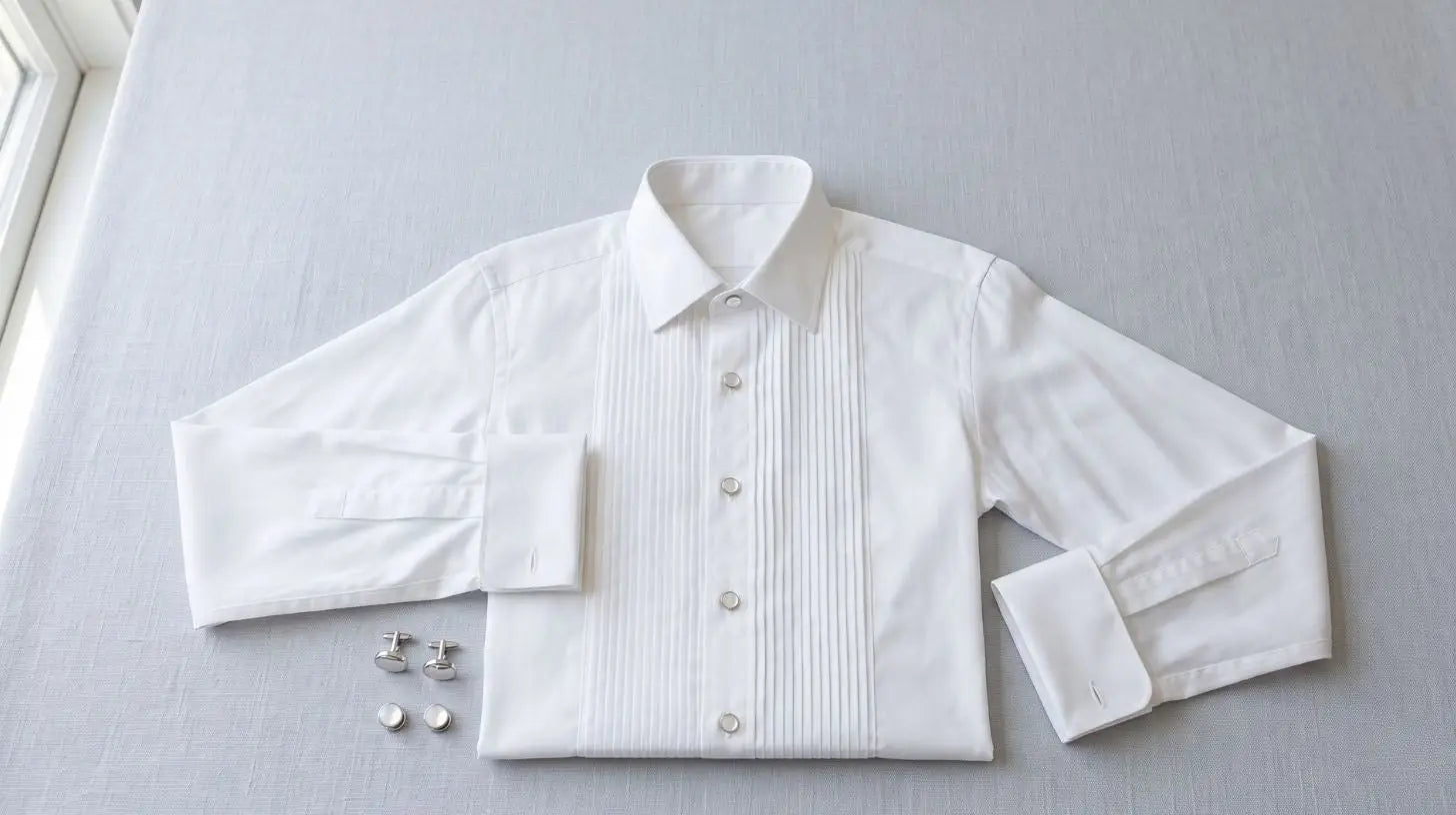White sateen tuxedo shirt with a turndown collar and a pleated bib front, laid flat with French cuffs and mother-of-pearl studs, catching soft light to show its subtle luster