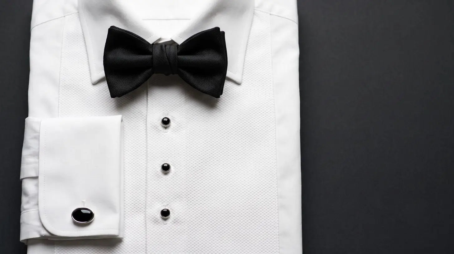 A white piqué-bib tuxedo shirt with a wingtip collar, French cuffs, and silver studs laid flat next to a black bow tie and onyx cufflinks