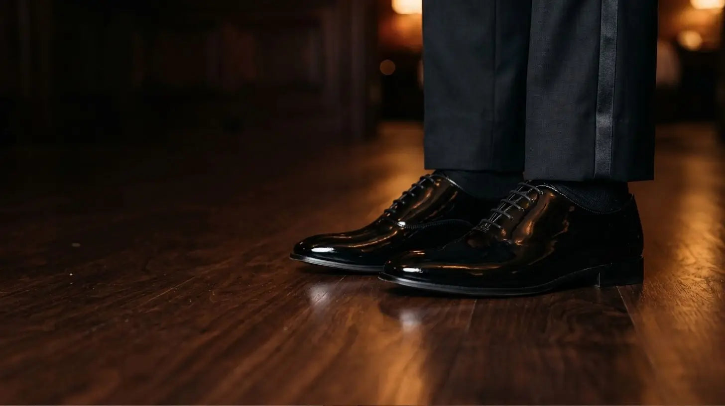 A pair of black patent leather plain-toe Oxford shoes beside black over-the-calf dress socks and the hem of formal tuxedo trousers