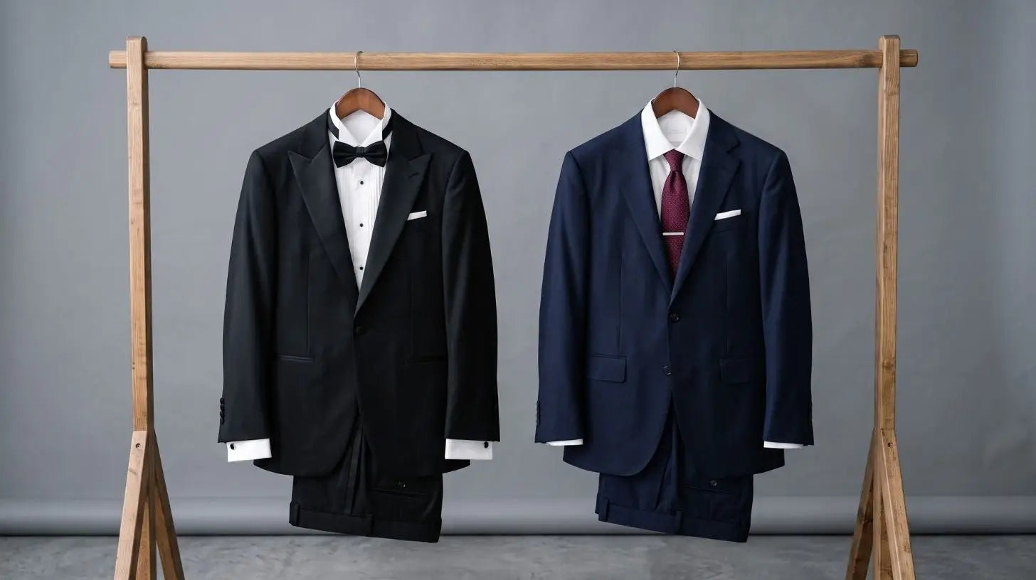 A black satin-lapel tuxedo and a navy business suit displayed side by side on a rail to compare formality