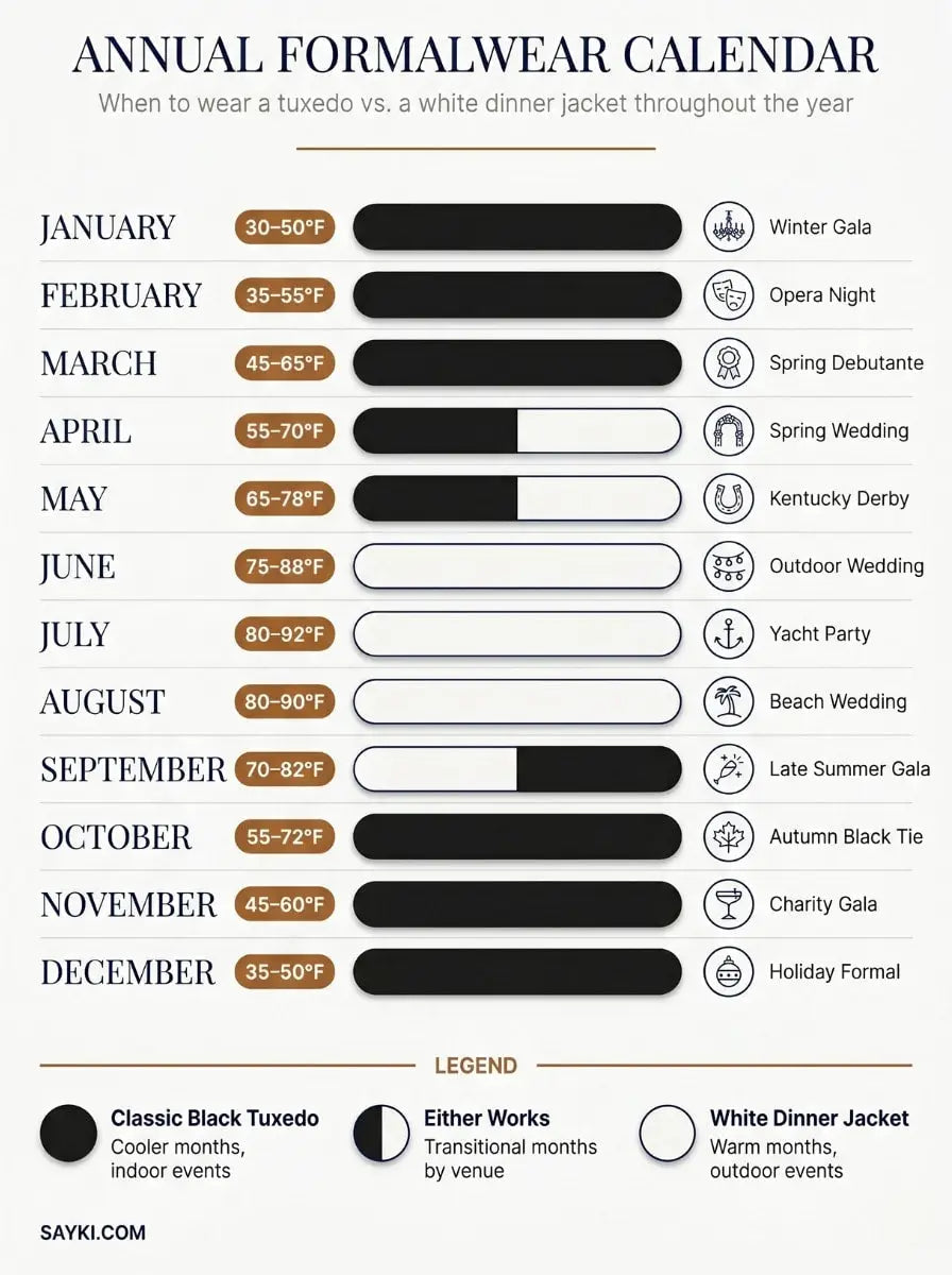 Annual formalwear calendar showing when to wear a classic black tuxedo versus white dinner jacket by month, with temperature ranges from 30 to 92 degrees Fahrenheit and event recommendations for each season