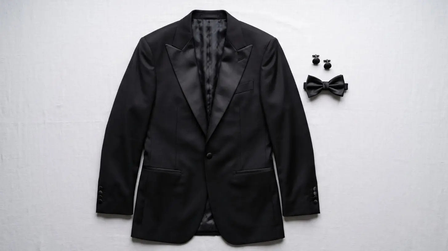 Black tuxedo bow tie and satin cufflinks arranged flat beside folded jacket fabric on a light gray surface