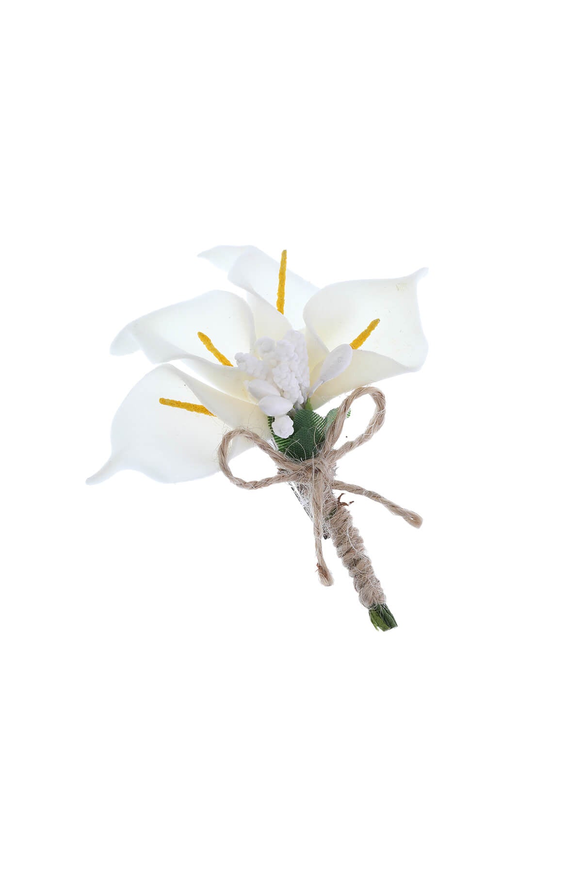 White calla lily jute lapel flower boutonniere with yellow stamens and rustic twine tie for formal wear