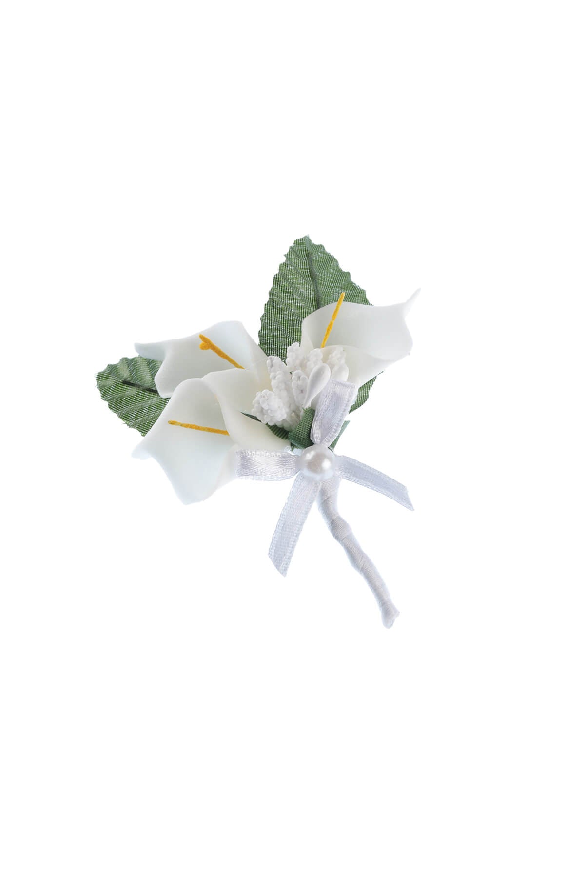 White calla lily satin lapel flower boutonniere with green fabric leaves and silver ribbon bow for formal wear
