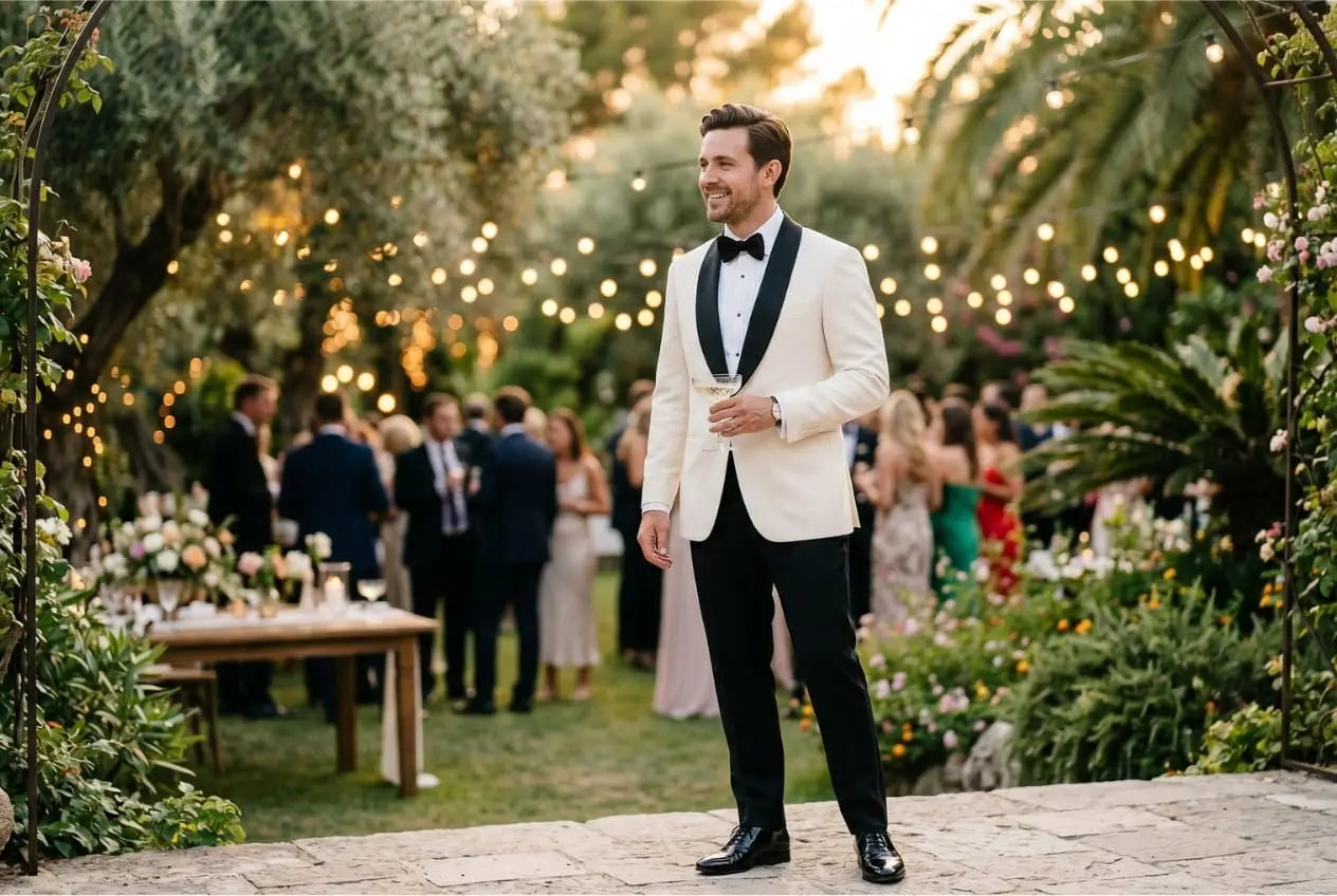Man in a white dinner jacket with black satin shawl lapel holding champagne at an outdoor Mediterranean garden wedding reception with string lights and olive trees during golden hour