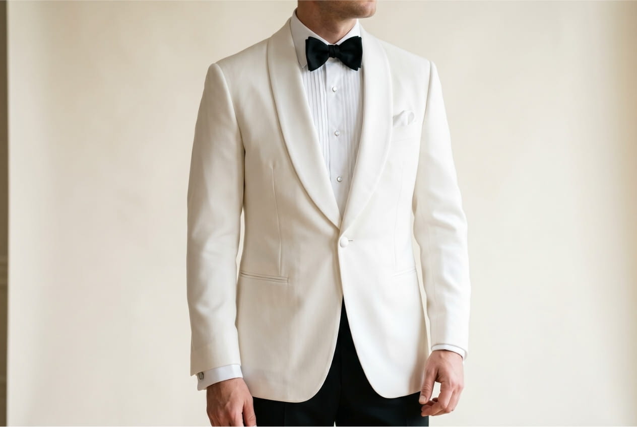Close-up of a classic white dinner jacket showing satin shawl lapel, white covered button, pleated tuxedo shirt with mother-of-pearl studs, and black self-tie bow tie