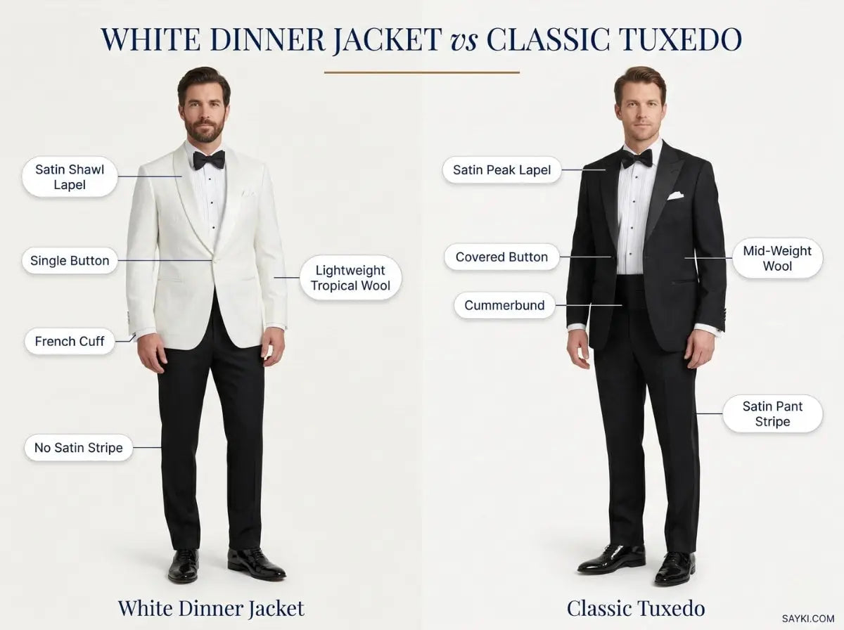 White dinner jacket versus classic black tuxedo anatomy comparison showing labeled differences in lapel style, button type, fabric weight, satin pant stripe, cummerbund, and French cuff details