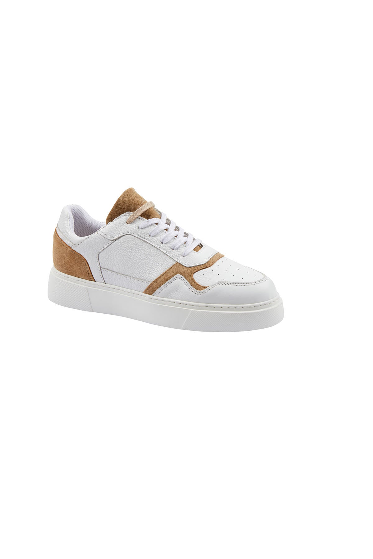 White and tan leather low-top sneaker with a clean, minimalist design.
