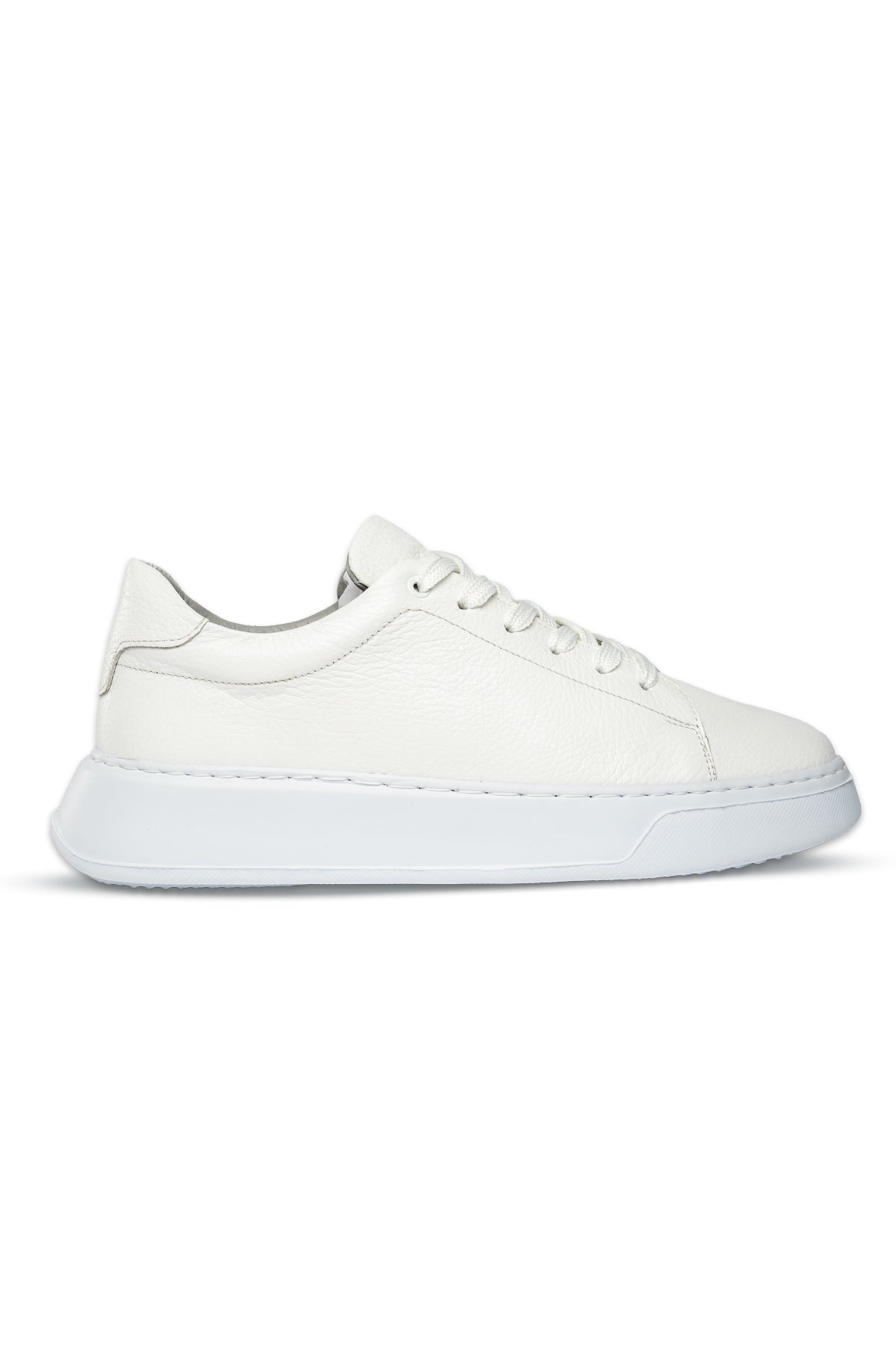 White leather low-top sneaker with a chunky white sole and clean, minimalist design.