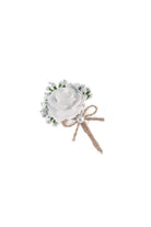 White rose jute lapel flower boutonniere with white foam rose baby’s breath and rustic twine for formal wear