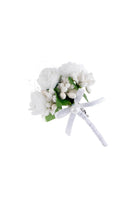 White rose lapel flower boutonniere with white artificial rose green fabric accents and satin ribbon bow