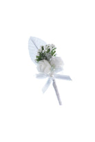 White rose leaf lapel flower boutonniere with delicate white floral lace and ribbon detailing for formal wear