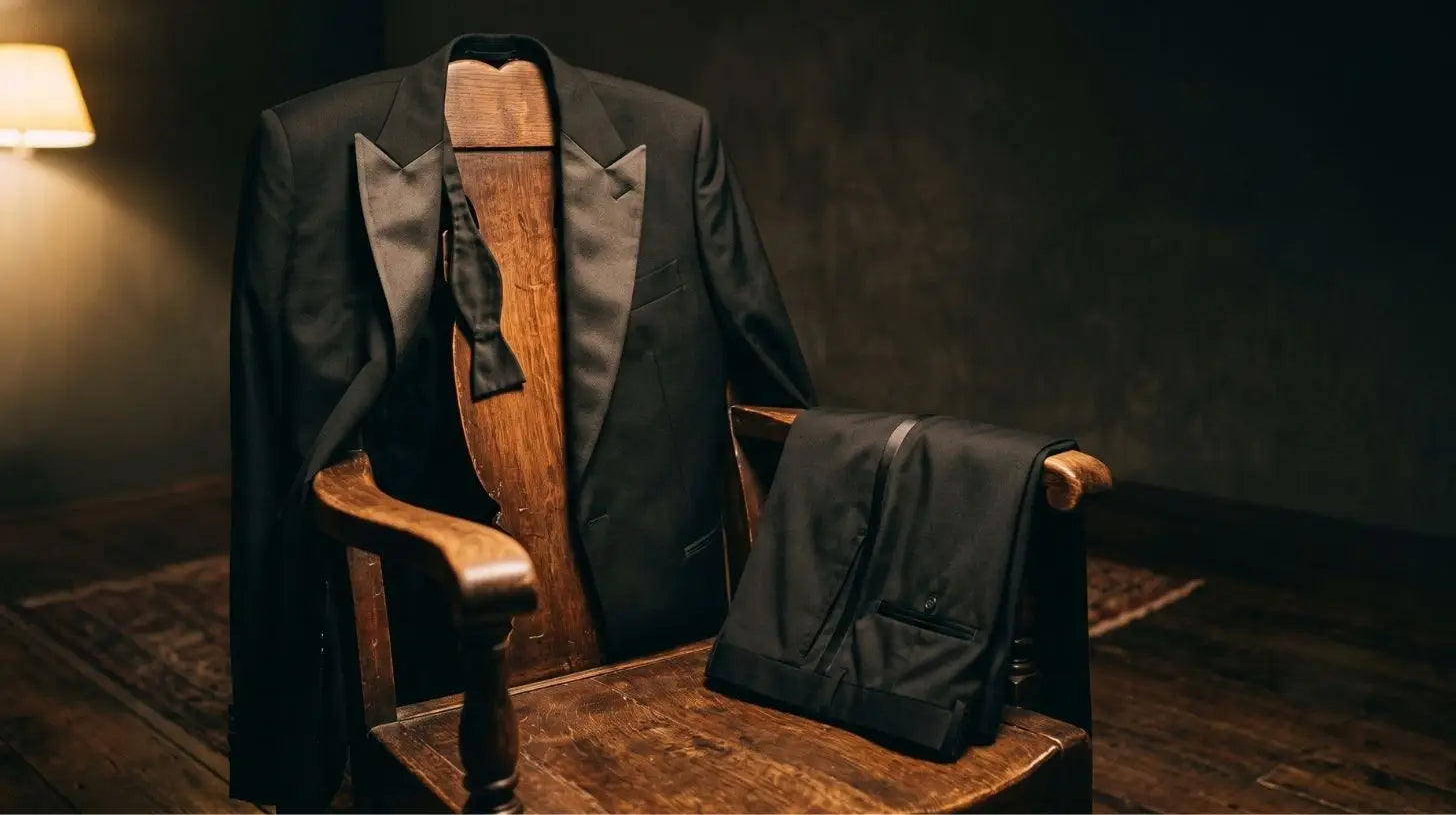 Black peak-lapel tuxedo jacket and trousers folded neatly beside a bow tie on an off-white surface