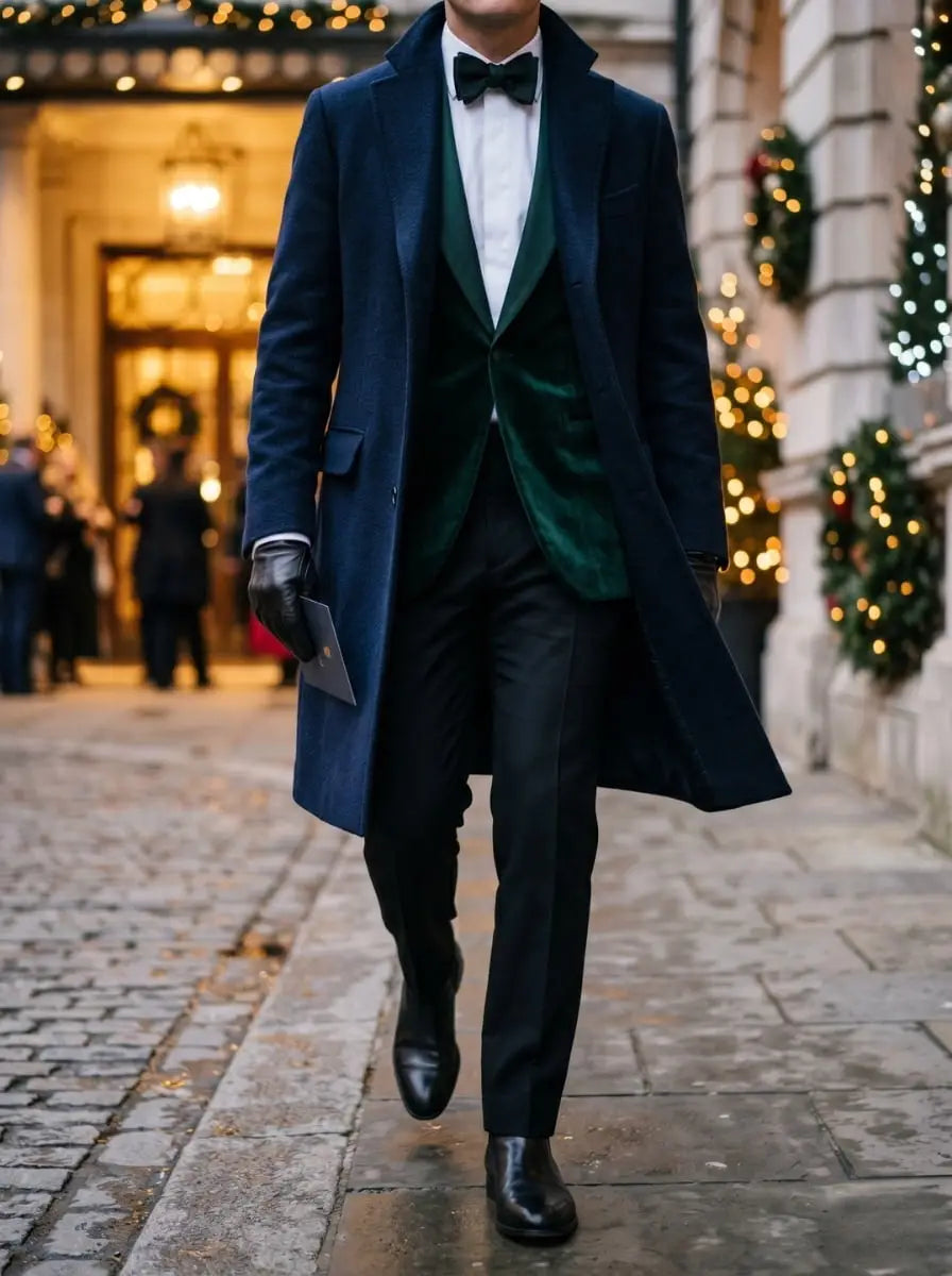 Man in a navy wool overcoat worn open over an emerald green velvet dinner jacket and green bow tie, walking past a festive winter building entrance with string lights and wreaths, showing winter festive attire for men